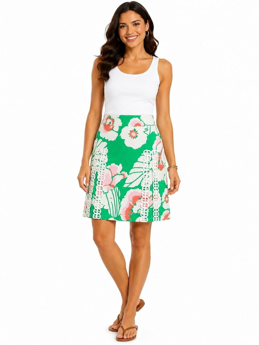Lilly Pulitzer Green Pink Floral Pencil Skirt Embroidery Sz 2